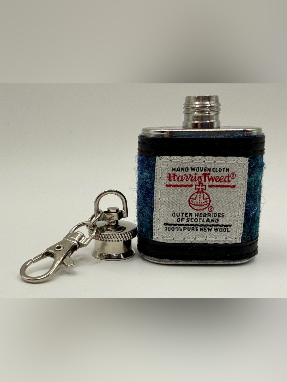 Authentic Harris Tweed Mini 1oz Hip Flask Keychain Blue Wool Scottish Tartan NCO
